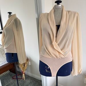 Esley Sheer Draped Long-Sleeve Bodysuit in Light Blush/Beige-M